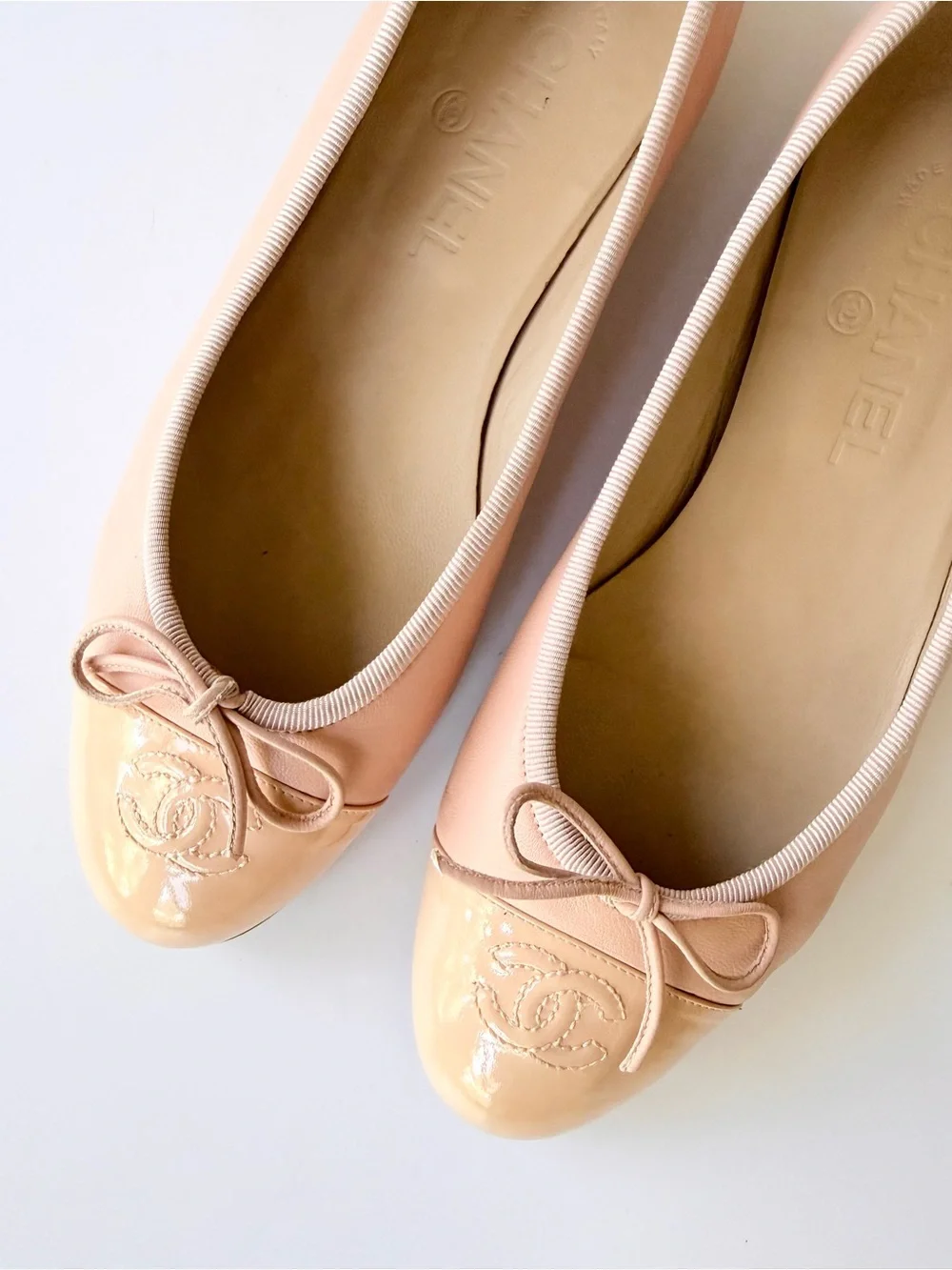 CHANEL Light Pink Leather Ballet Flats Patent CC Logo Cap Toe Size 38